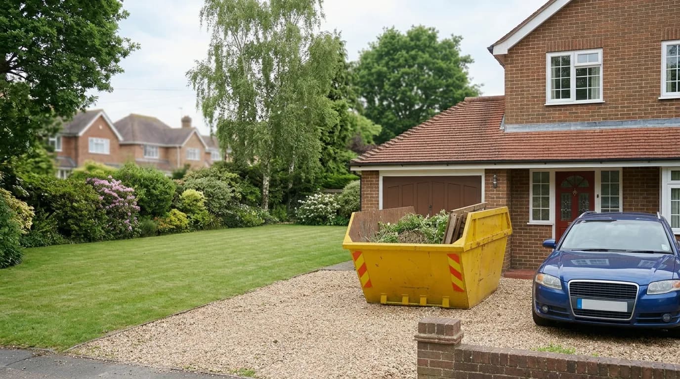 A yellow skip of garden waste on the gravel driveway of a detached brick house, beside the garage