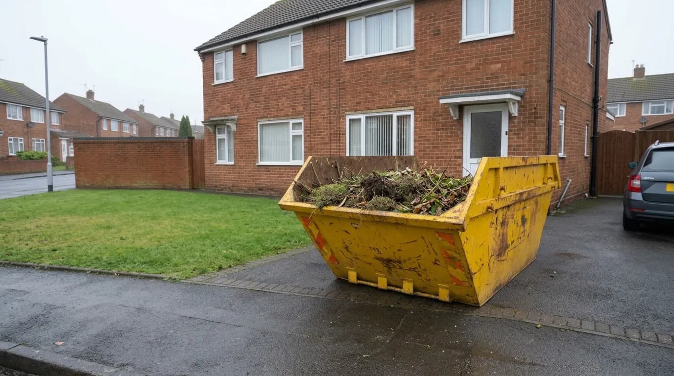 A yellow skip of garden waste at the end of the drive of a red-brick semi-detached house